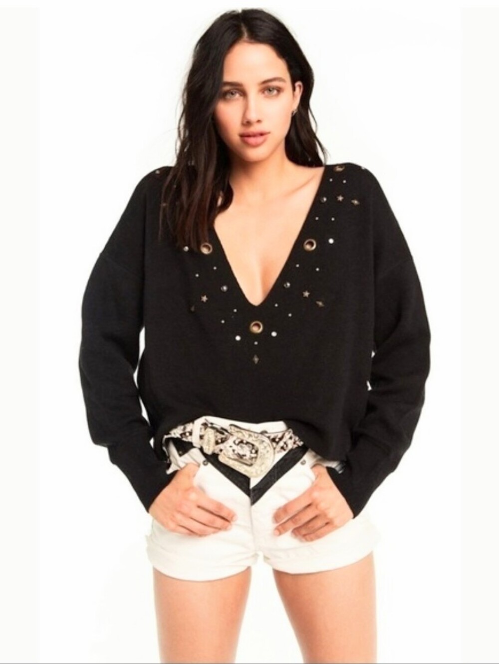 🆕 WILDFOX "CELINE" BLACK NAVY V-NECK CROPPED STUDDED WOOL BLEND SWEATER